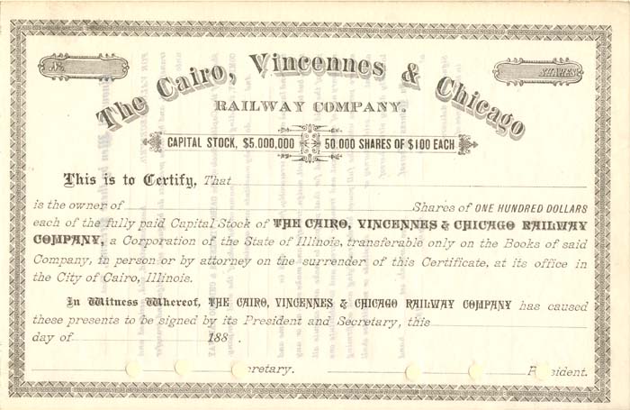 Cairo, Vincennes and Chicago Railway Co. - Stock Certificate